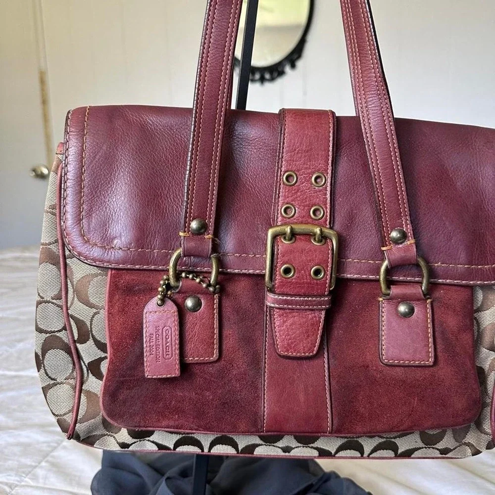 Coach 2004 special edition signature satchel burgundy leather suede y2k vintage